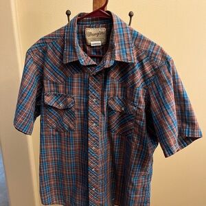 Wrangler Men's Blue and Brown Plaid Shirt Large